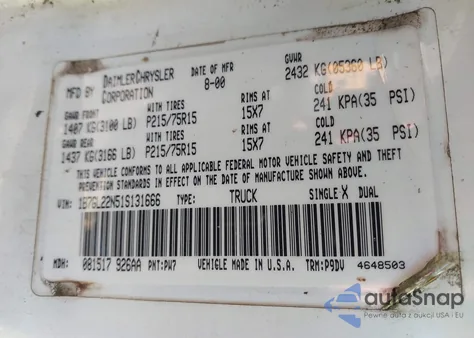 2001 Dodge Dakota Slt/Sport z USA, uszkodzony, nr VIN 1B7GL22N51S131666